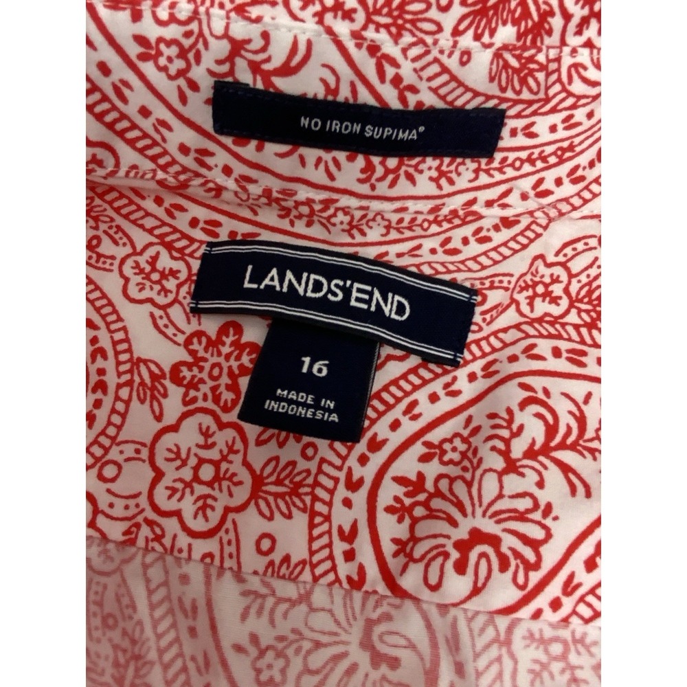 Lands' End Supima No Iron Cotton Paisley Floral Button Up Shirt Red White Sz 16 - Picture 12 of 14